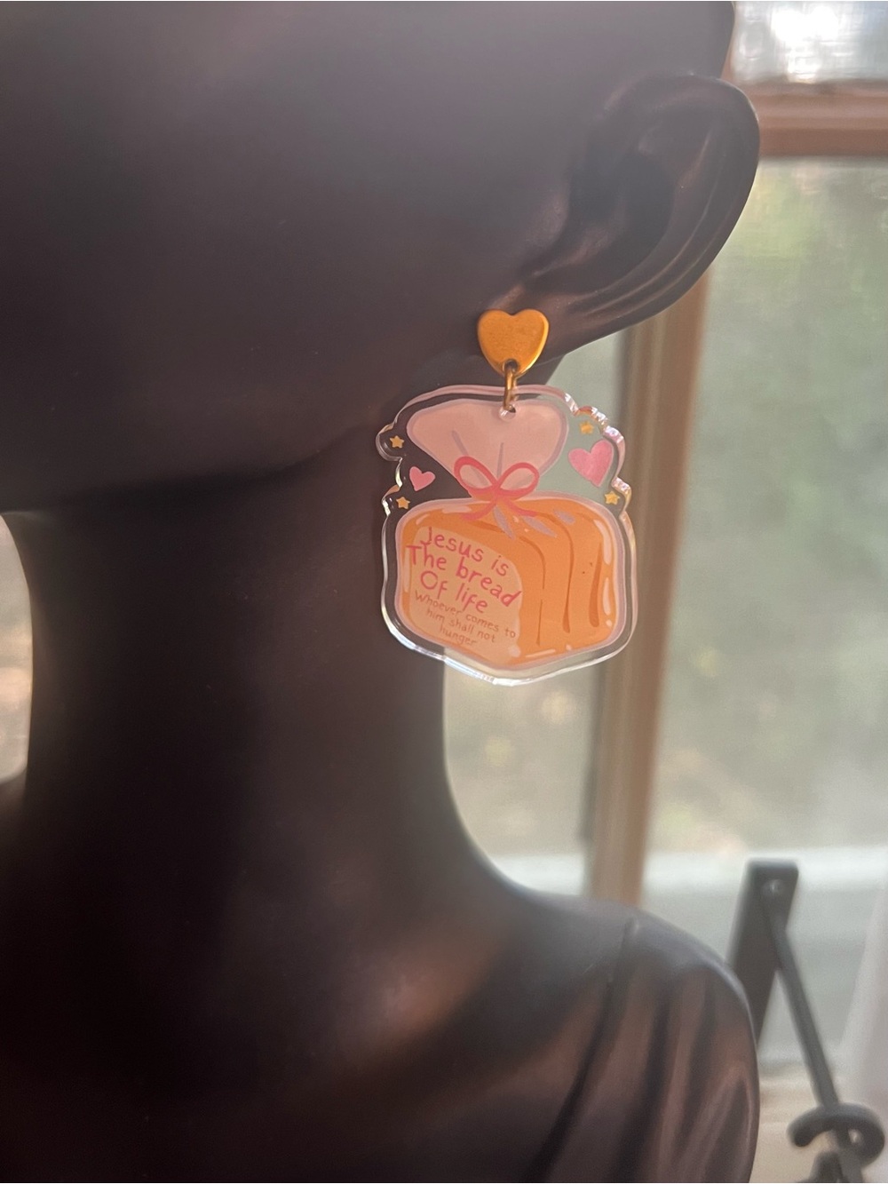 Bread of Life Acrylic Dangle Earrings - Pink & Orange - Picture 2 of 3